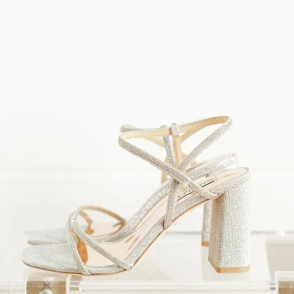 Badgley Mischka Rebekah Platinum Silver Women 8 Block Heel Sandal Fabric - Picture 11 of 14